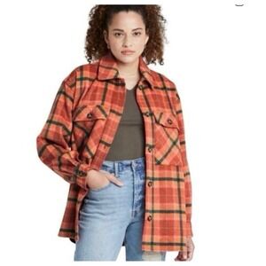 Wild Fable Orange Plaid Flannel Shacket Shirt Jacket Women Small Oversized Pink